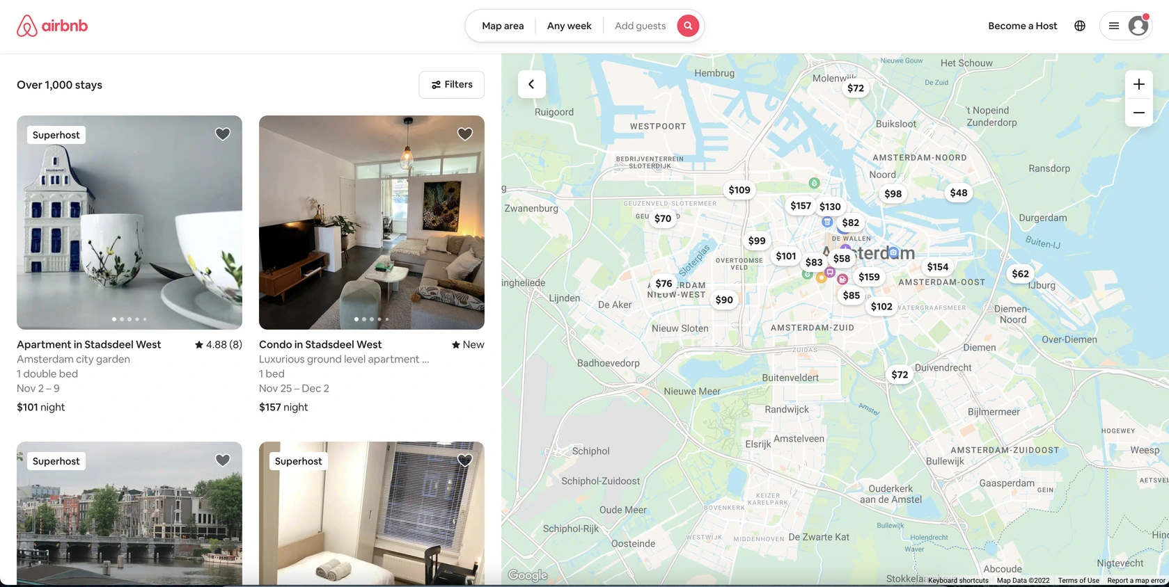 Airbnb listings page