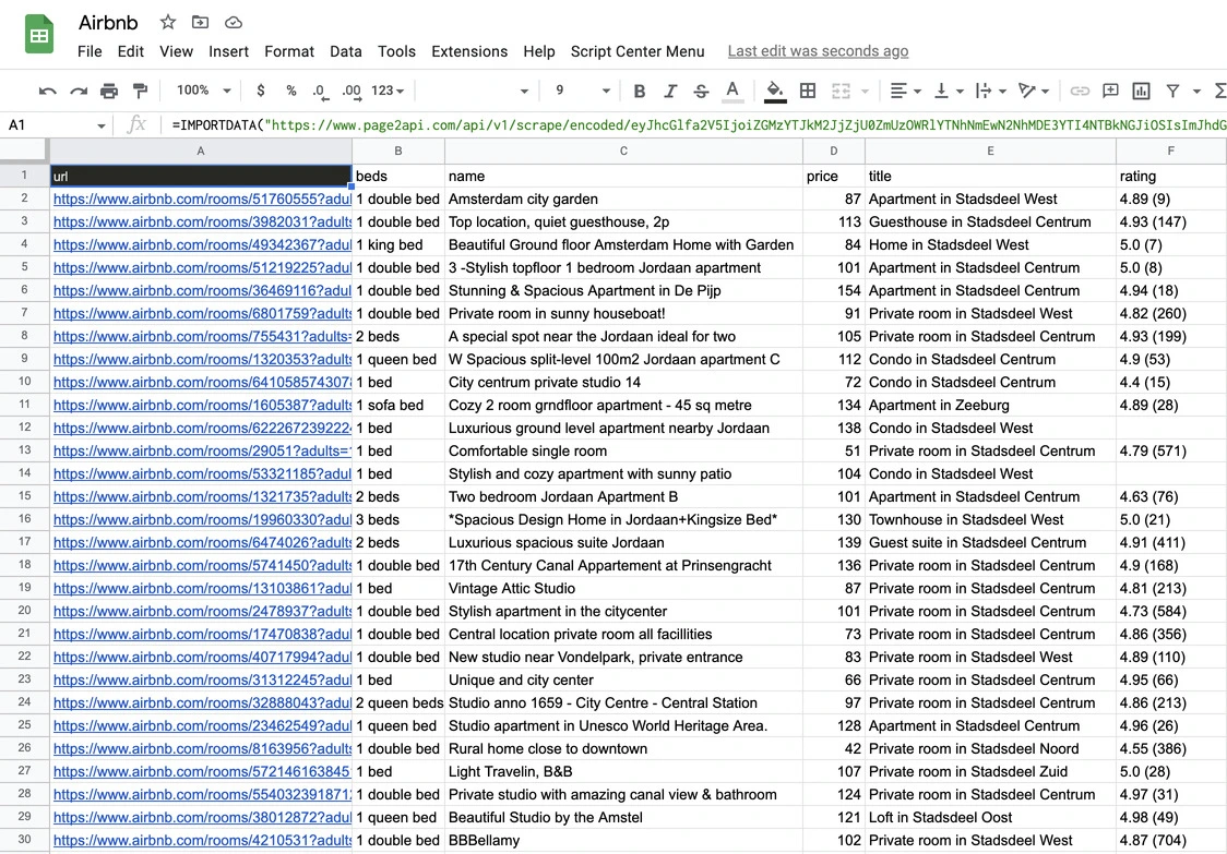 Airbnb listings import to Google Sheets