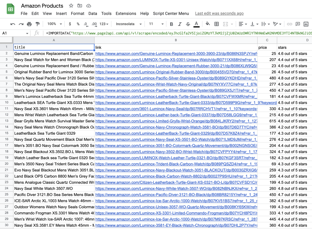 Amazon products import to Google Sheets