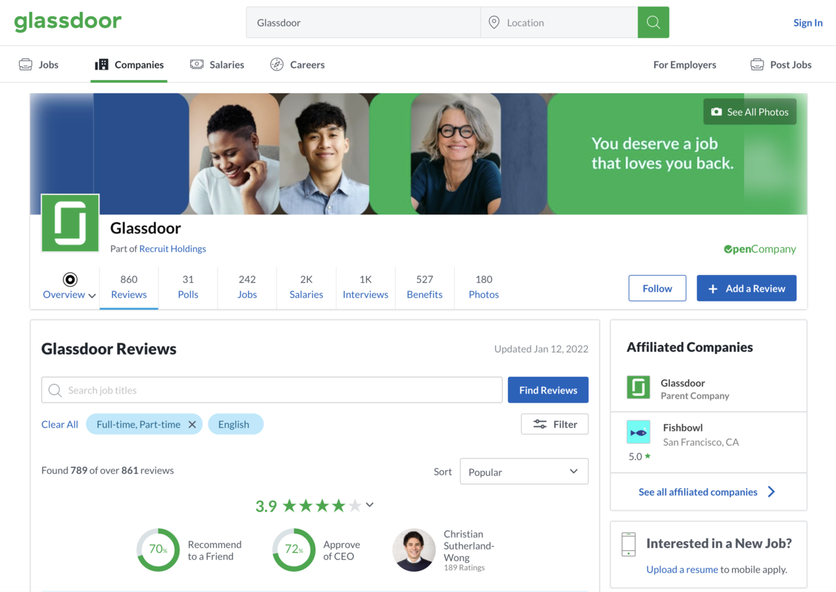 Glassdoor reviews page