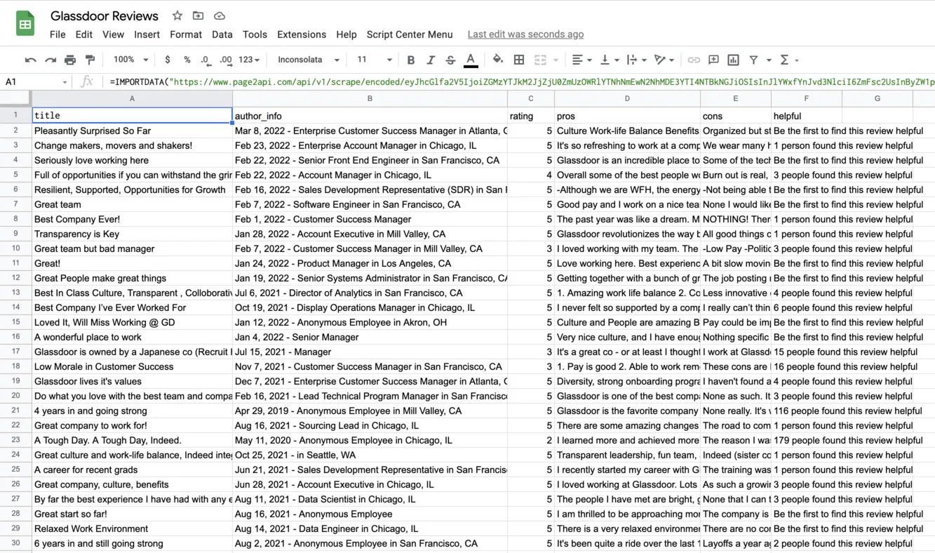 Glassdoor reviews import to Google Sheets