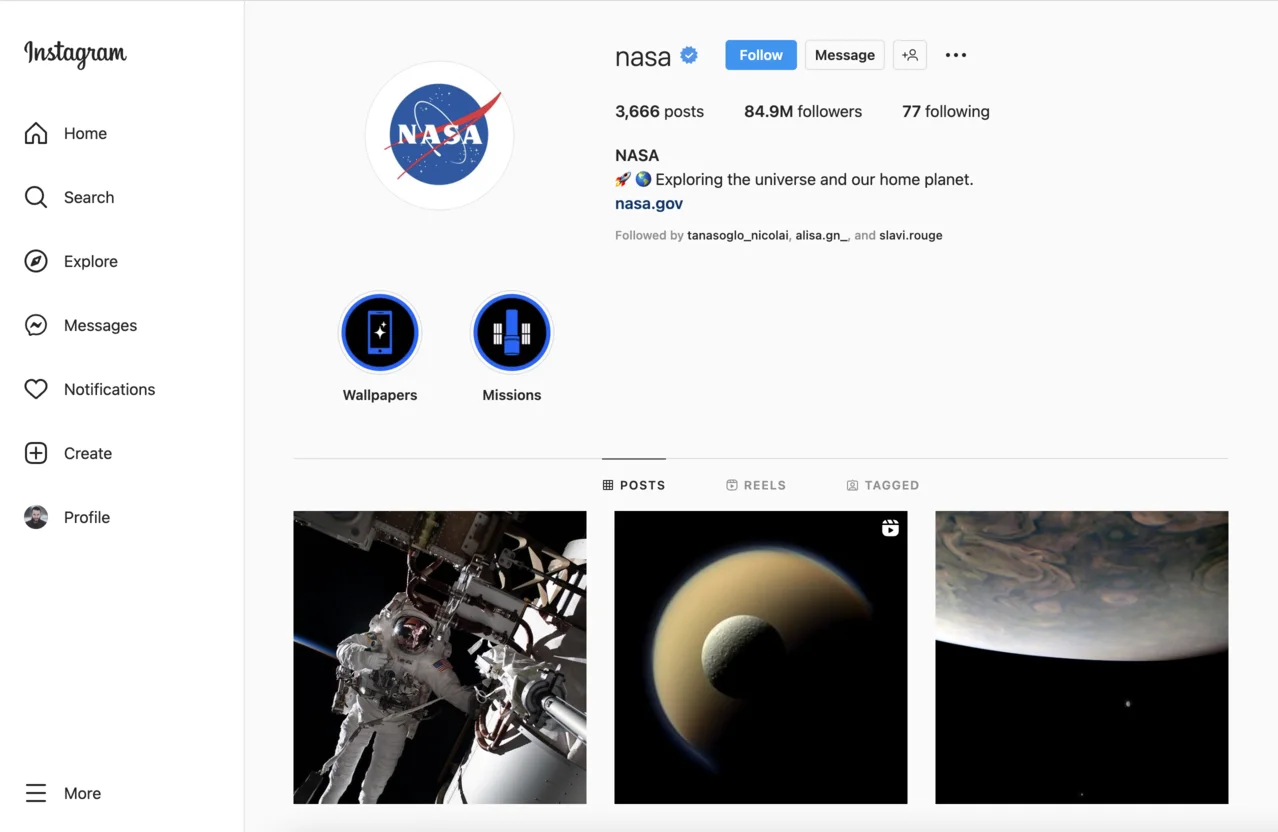 Instagram profile page