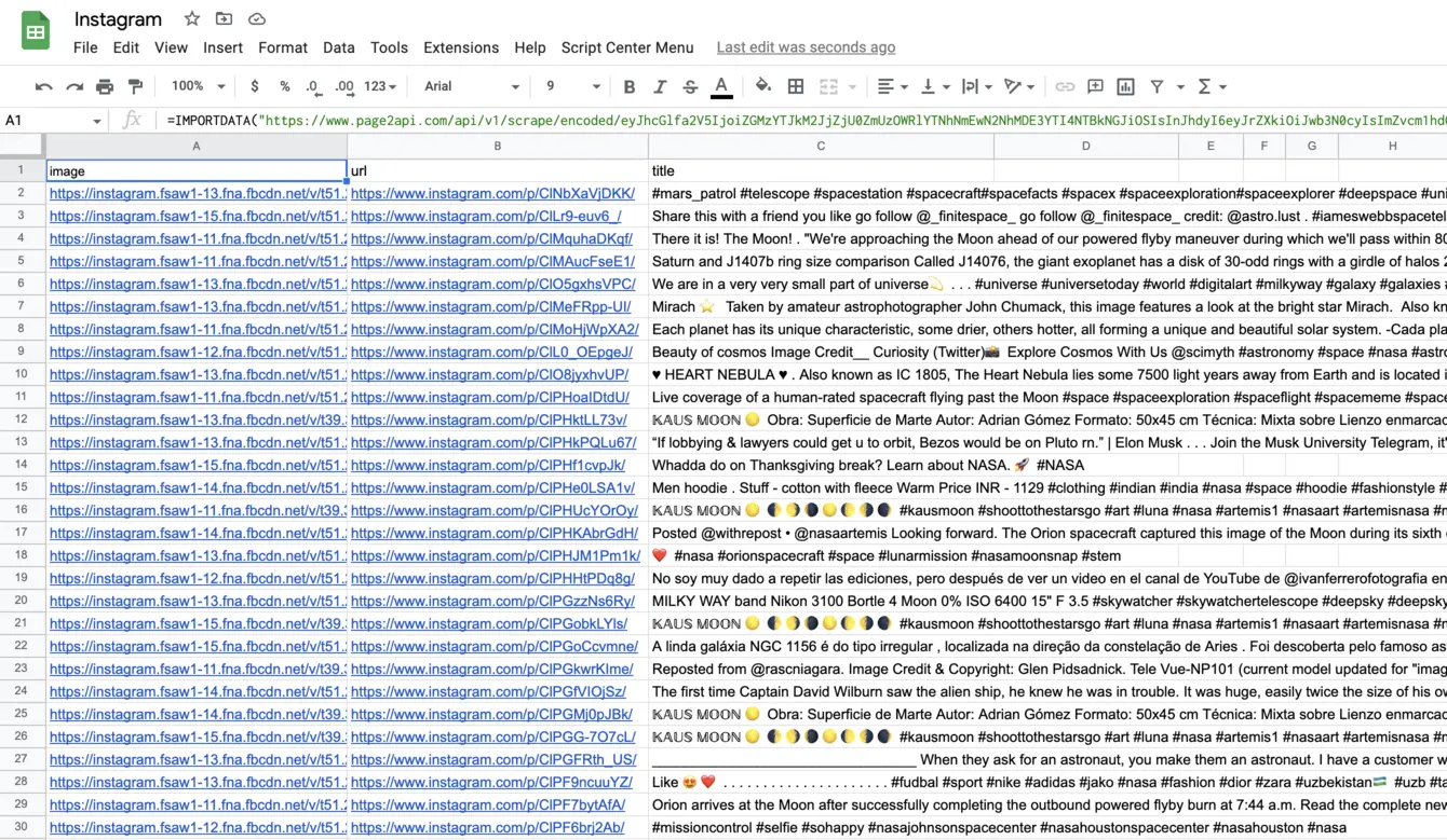 Instagram posts import to Google Sheets