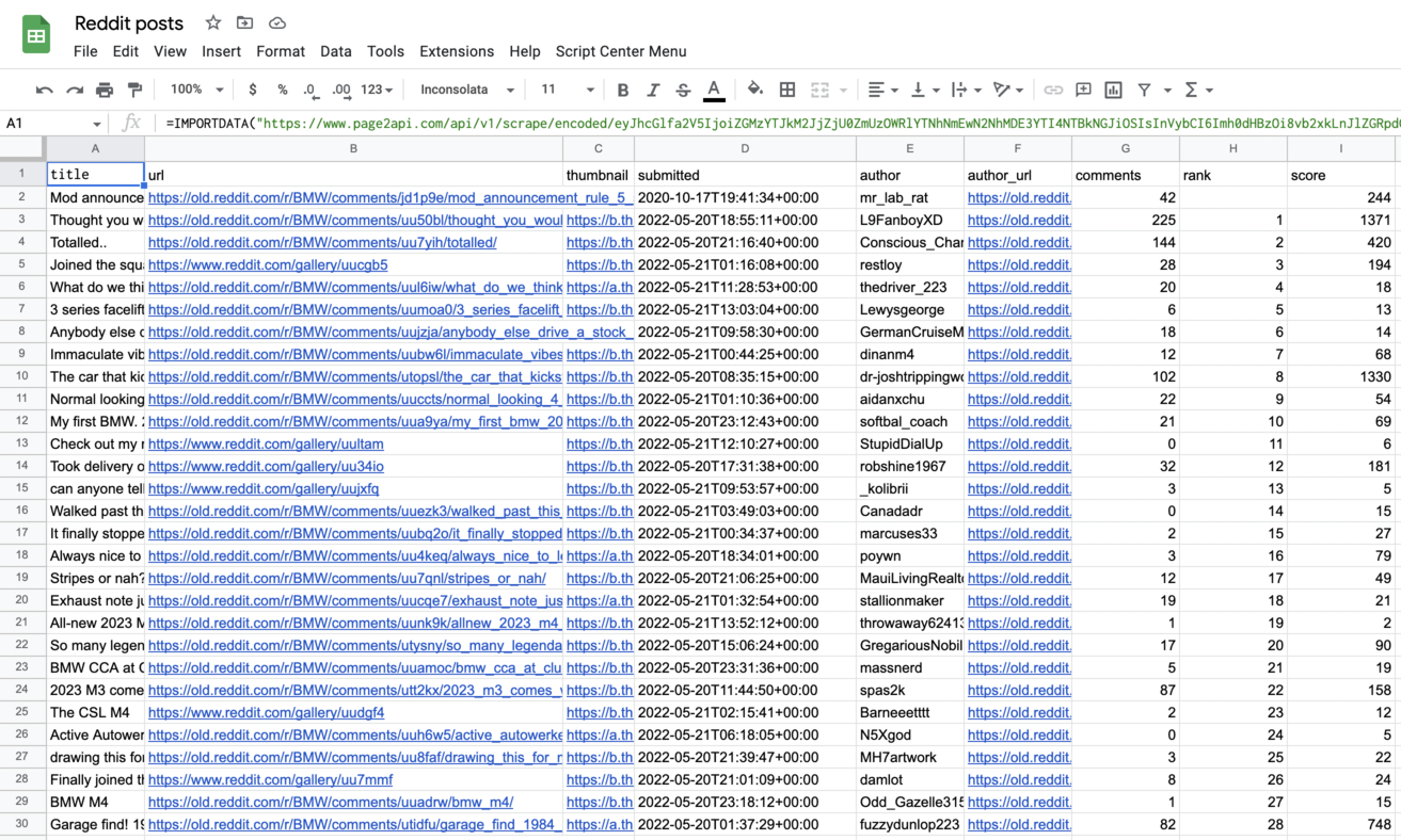 Reddit posts import to Google Sheets