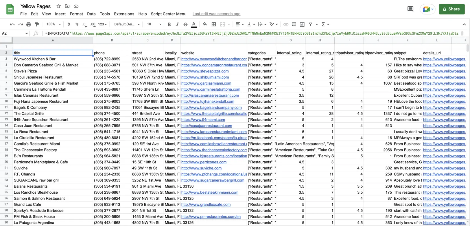 Yellow Pages listings import to Google Sheets