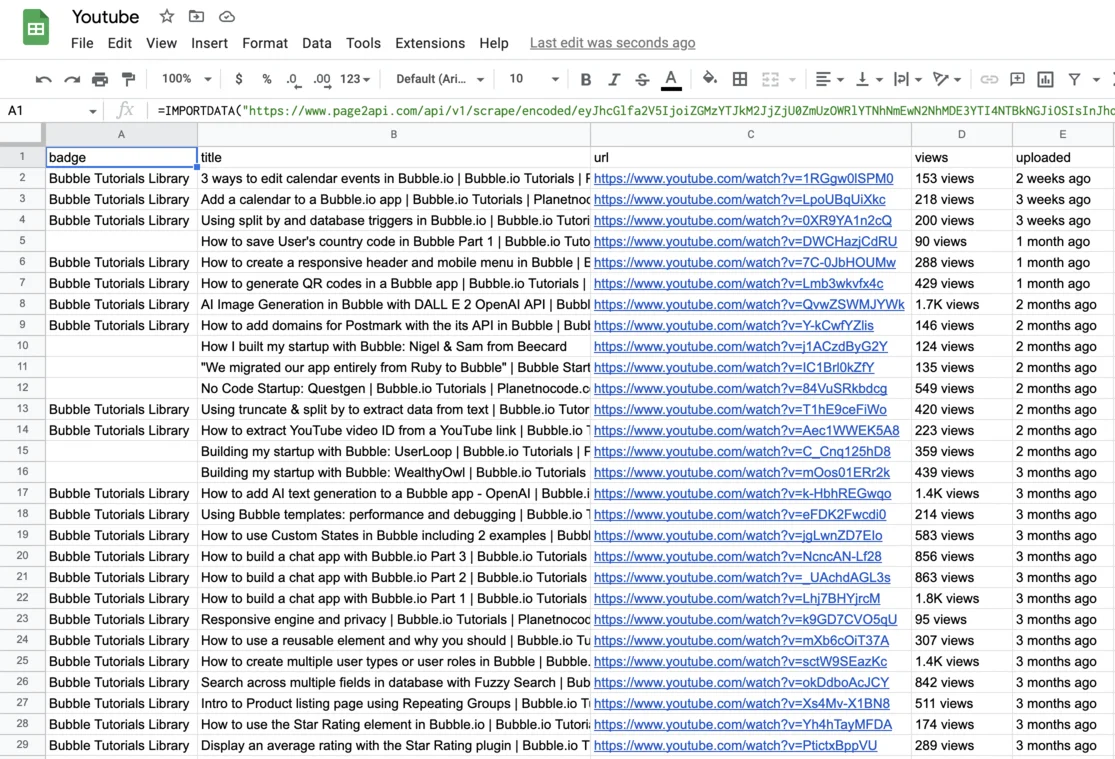 Youtube videos import to Google Sheets